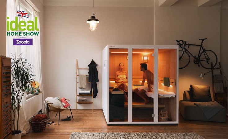 KLAFS EASY Sauna in white in living room with wooden floorboards