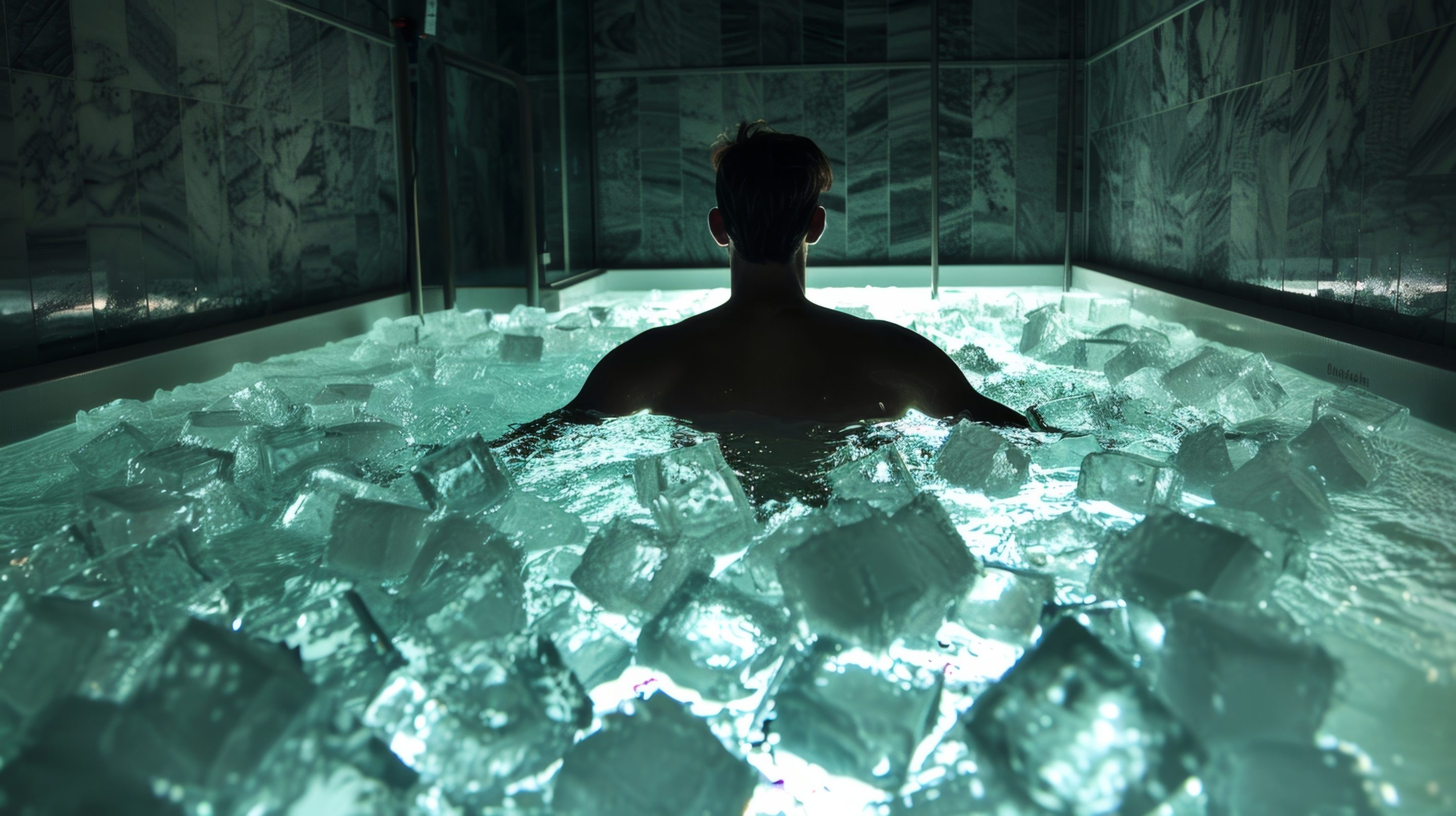 An indoor pool filled with ice cubes as a patient slowly wades into the frigid water for their cold water immersion therapy session.